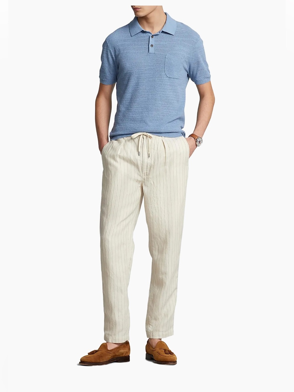 Polo Ralph Lauren Cream Pinstripe Prepster Linen Blend Slim Tapered Fit Pant